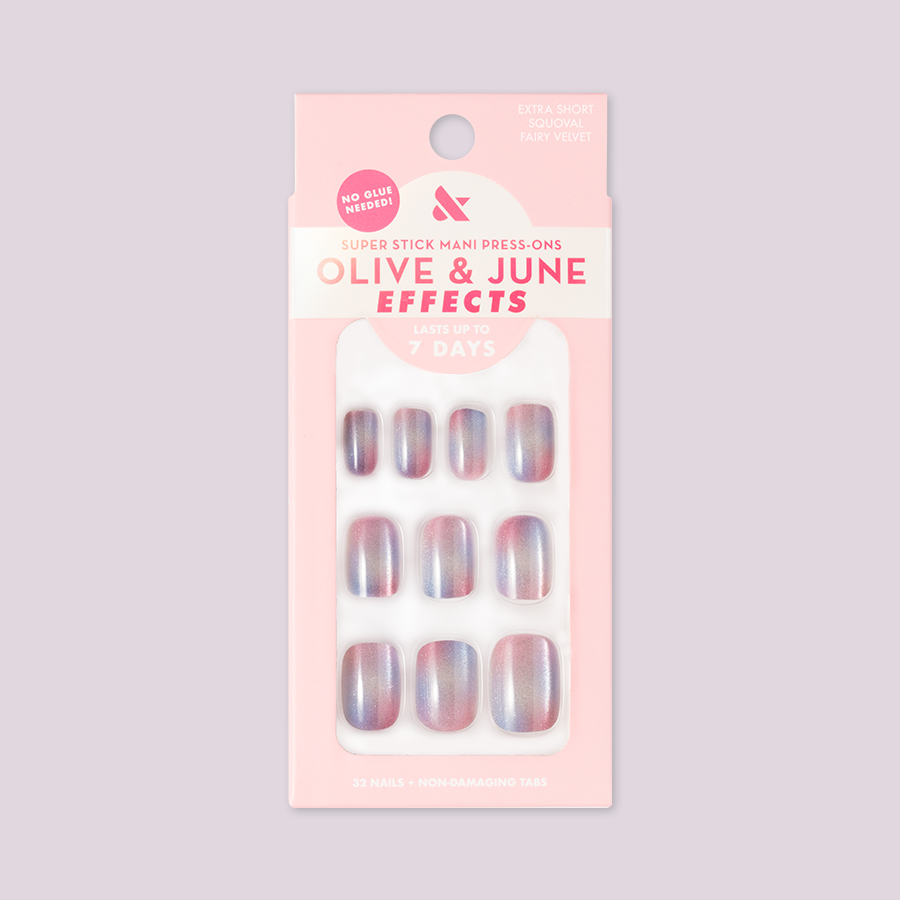 Fairy Velvet | Extra Short | Squoval - Tab Press-On nails with pink and purple gradient and shimmer for easy at-home mani