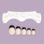 Fazit Bundle: Carnival Clown showing black french press-on nails with carnival face patches in purple, gold, and green