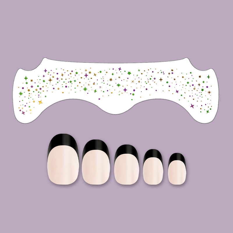 Fazit Bundle: Carnival Clown showing black french press-on nails with carnival face patches in purple, gold, and green