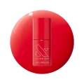 Bottle of Field Day - Gel polish in vibrant watermelon red shade on matching red background