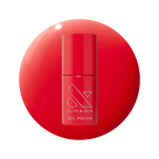 Bottle of Field Day - Gel polish in vibrant watermelon red shade on matching red background