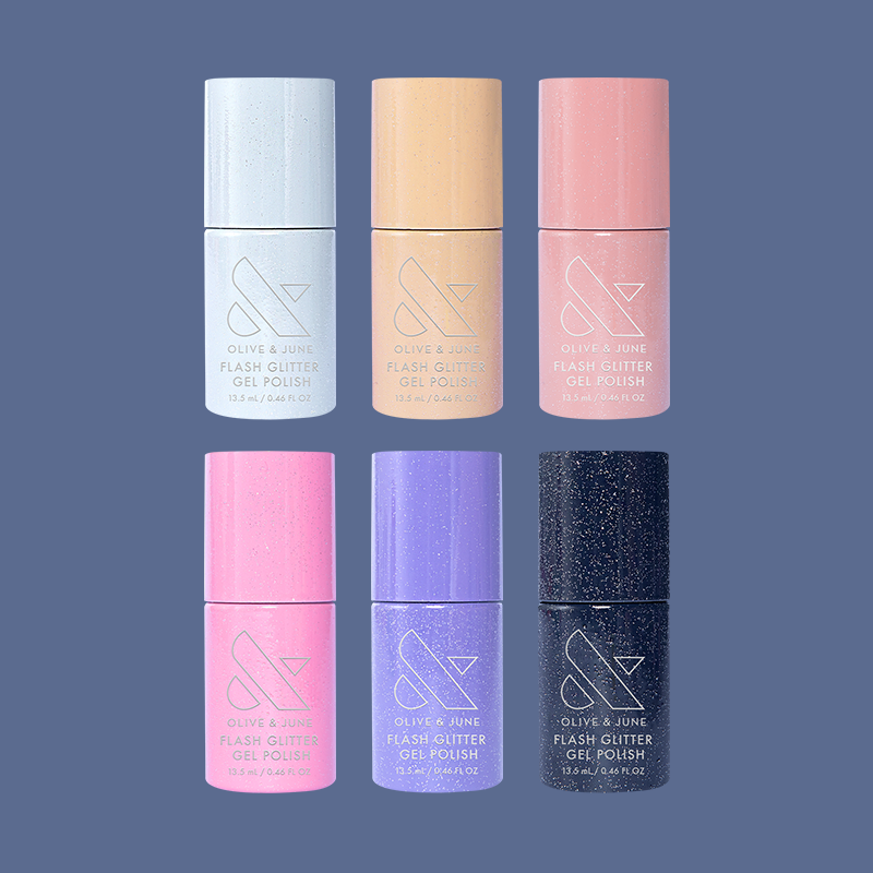 Six pastel and dark gel polish bottles with subtle glitter in the Flash Glitter Set for sparkling manicures at home