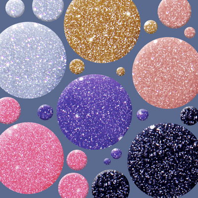 Six pastel and dark gel polish bottles with subtle glitter in the Flash Glitter Set for sparkling manicures at home Flash Glitter Set  Gel Polish