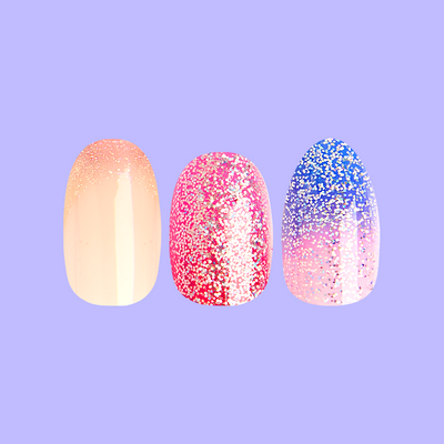 Three sets of Flash Glitter Press-On Set nails in nude, pink glitter, and blue glitter gradient styles by Olive & June Flash Glitter Press-On Set Press-On Set other