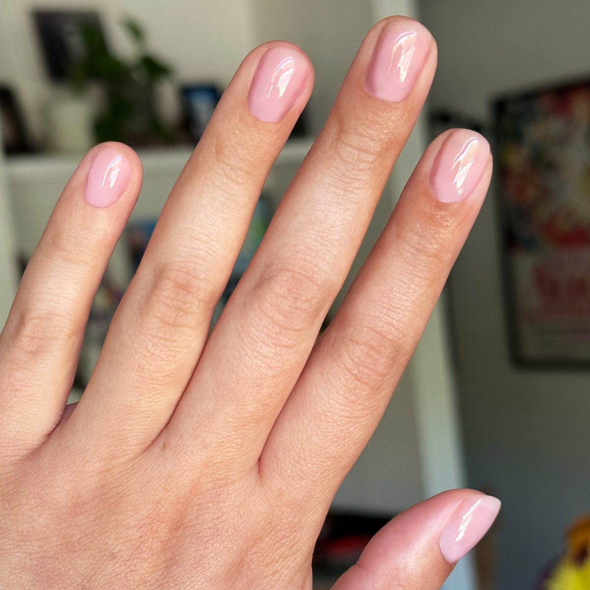 Flora Aura - Builder Gel smooth sheer cool pink manicure on short natural nails with glossy finish in indoor light