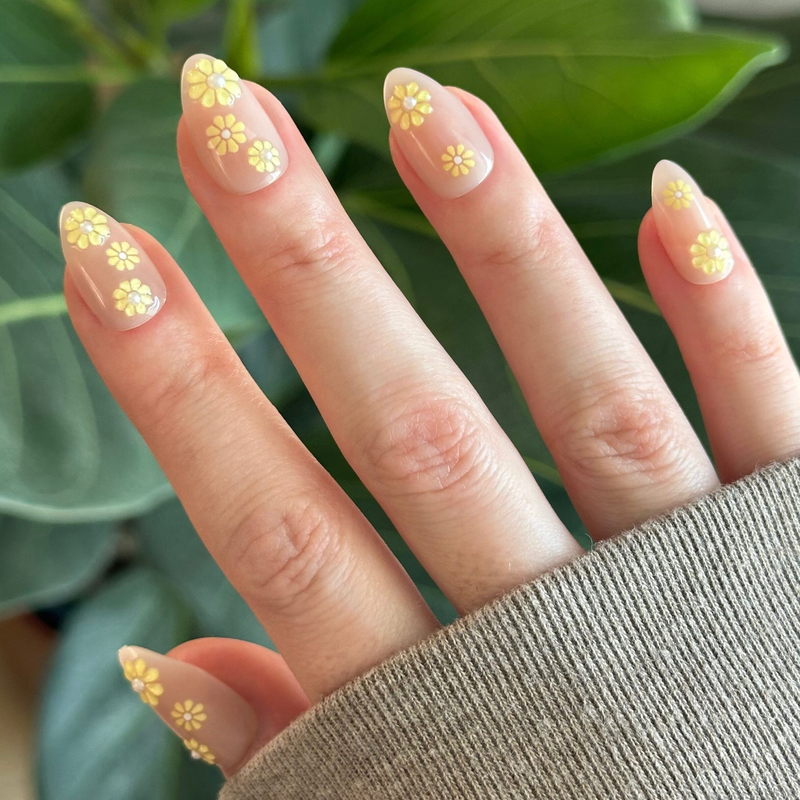 picture of Flower Party with 3D Pearls - Press On | Medium | Almond