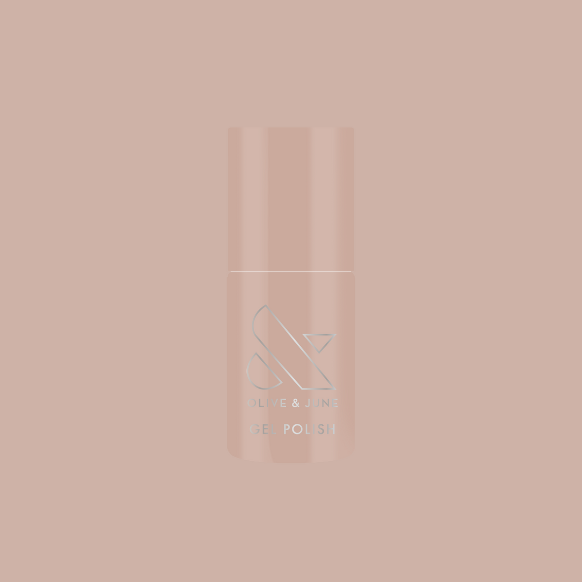 Bottle of CDJ - Gel nail polish by Olive and June in creamy neutral shade on matching soft background