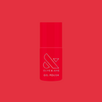 Bottle of Field Day - Gel polish in vibrant watermelon red shade on solid matching red background