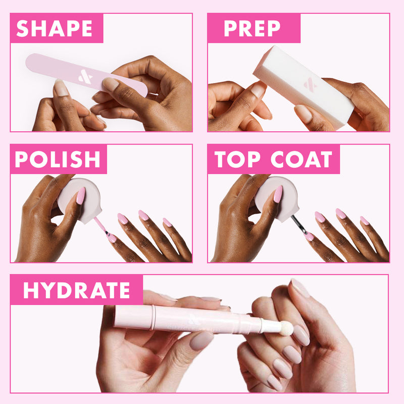 Bolds Long Lasting Set showing step-by-step at home mani with shaping, prepping, polishing, top coat, and hydration steps