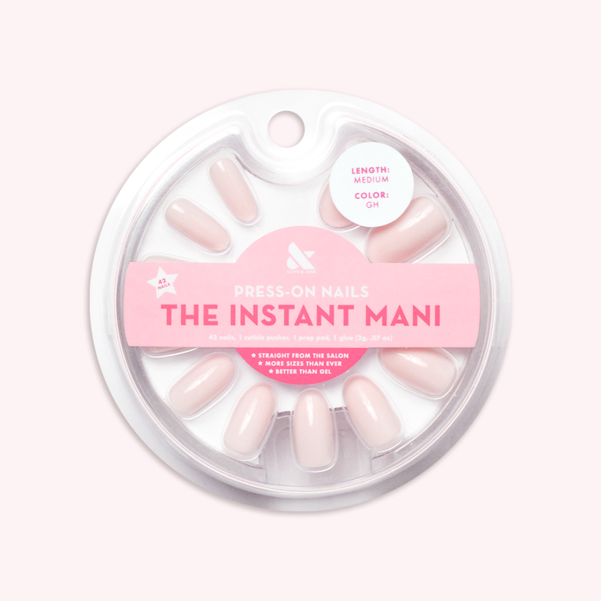 GH - Press-On | Medium | Oval showing opaque glowy baby pink medium oval press-on false nails in round package on light background