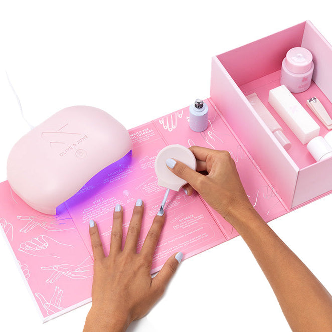 The Gel Mani System - 6 with pink UV lamp, nail files, cuticle pusher, base and top gel polishes for at home mani