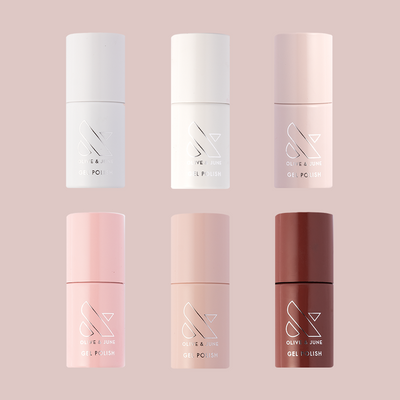 Sheer & Neutral Gel System with six soft gel polish shades in minimalistic bottles for easy at home mani use Sheer & Neutral Gel Polish Set  Gel Polish