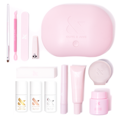 The Gel Mani System - 6 with pink UV lamp, nail care tools, base and top coats, cuticle remover, and polish remover for gel manicures Gel Mani System - 1 Gel Polish  Gel Polish System
