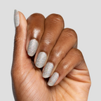 Glitter Department ultra fine holographic silver polish on natural nails for a sparkling at home manicure look by Olive and June