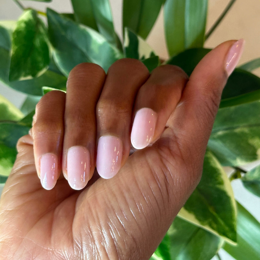 Hand with Glossed sheer lavender-pink gel polish manicure on natural nails against green leaf background