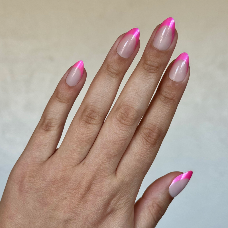 Hot Strawberry Chrome French - Press On | Medium | Almond featuring neon pink chrome french tips on medium almond false nails