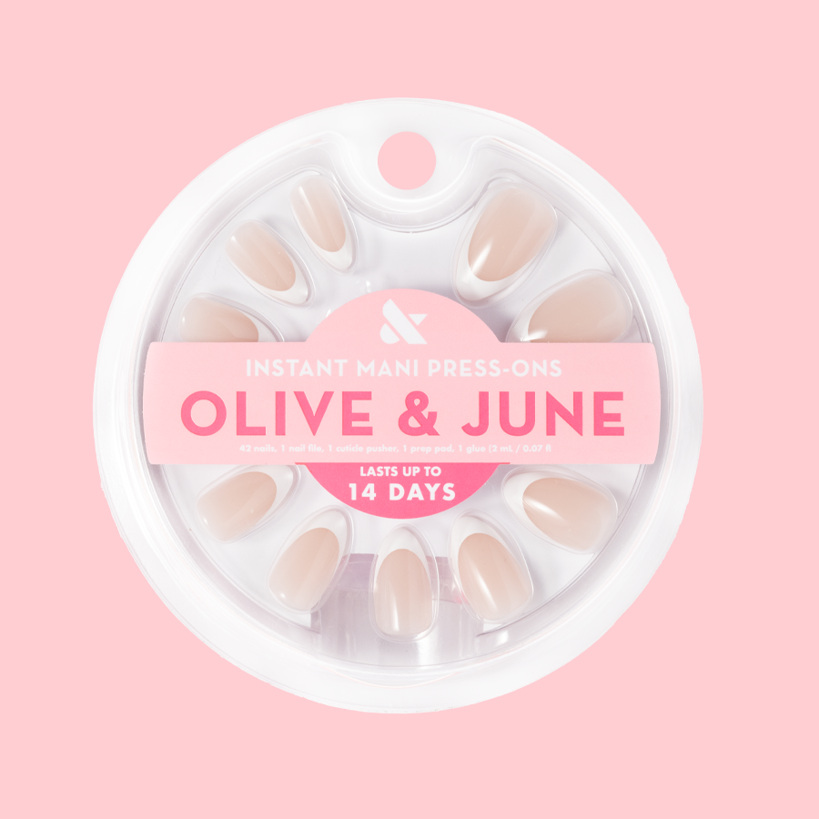 Iconic French - Press-On | Medium | Almond sheer pinky base with bold classic French tips for easy at-home mani