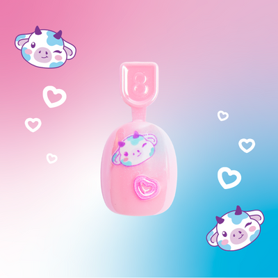 Kawaii Cow Chrome - Pressies | Extra Short Short | Round showing pink round false nails with cute cow face and heart designs Kawaii Cow Chrome - Pressies | Extra Short Short | Round  Pressies