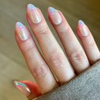 Kawaii Cow Chrome French - Press-On | Medium | Almond showing nails with pastel blue chrome French tips and small 3D pink heart accents