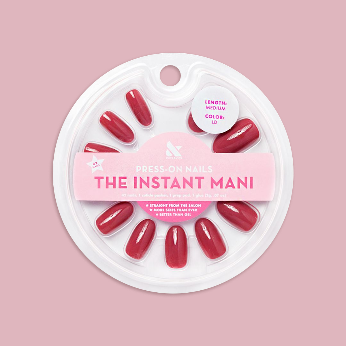 LD - Press-On | Medium | Oval showing medium-length oval rosy-hued press-on false nails in circular clear package
