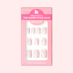 Lightning Strike | Extra Short | Squoval - Tab Press-On neutral press-on nails with minimalist white lightning bolt design in pink packaging