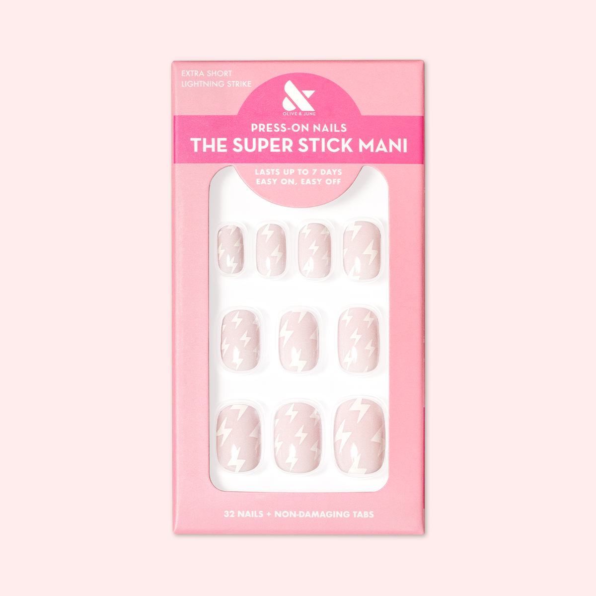Lightning Strike | Extra Short | Squoval - Tab Press-On neutral press-on nails with minimalist white lightning bolt design in pink packaging