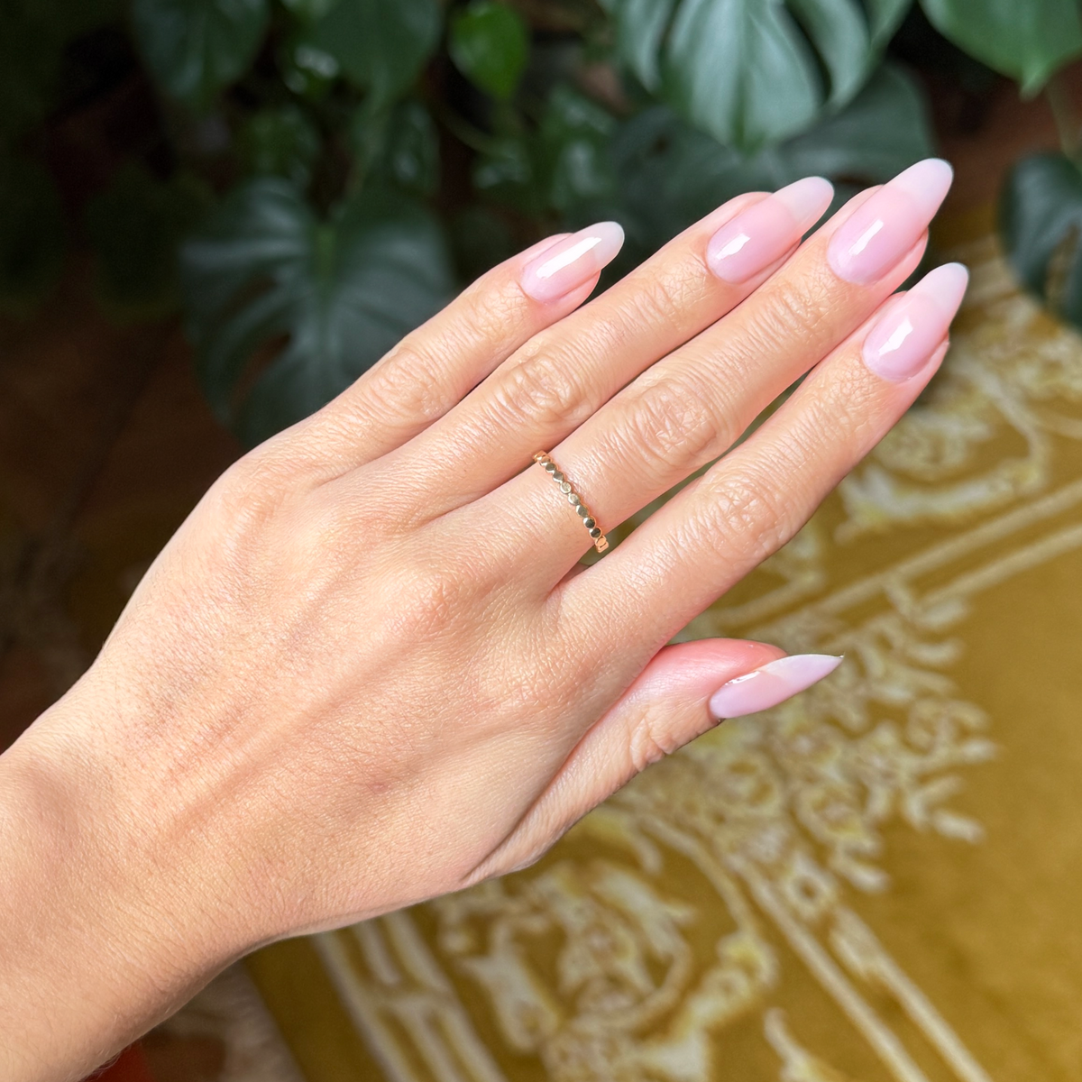 Lilac Luxe - Builder Gel on long natural nails shaped coffin with sheer pinky purple manicure and glossy finish
