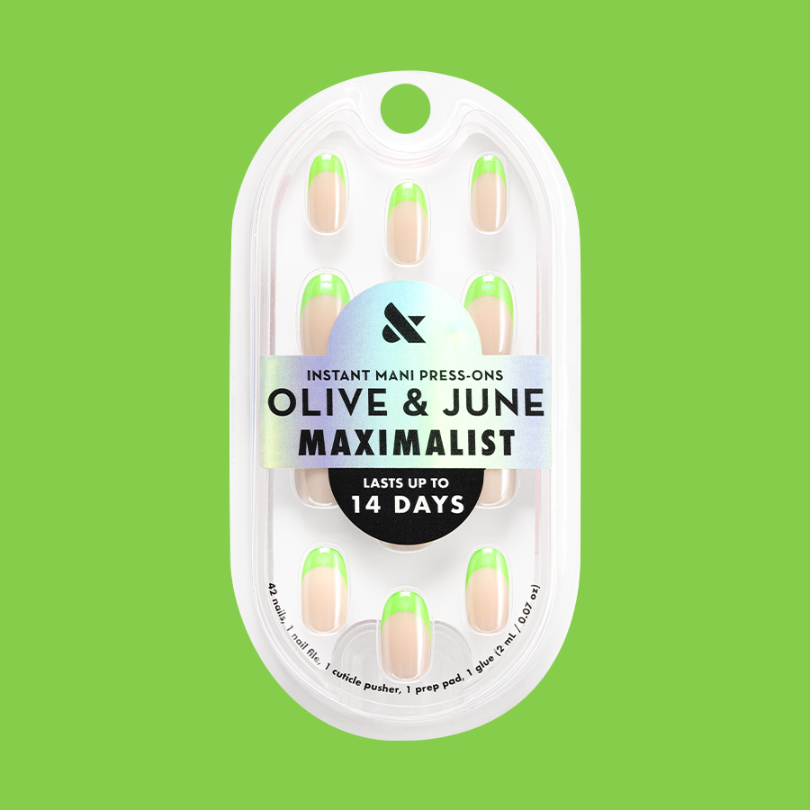 Lime Chrome French - Press-On | Short | Round with sheer base and neon lime chrome tips for easy at-home manicure