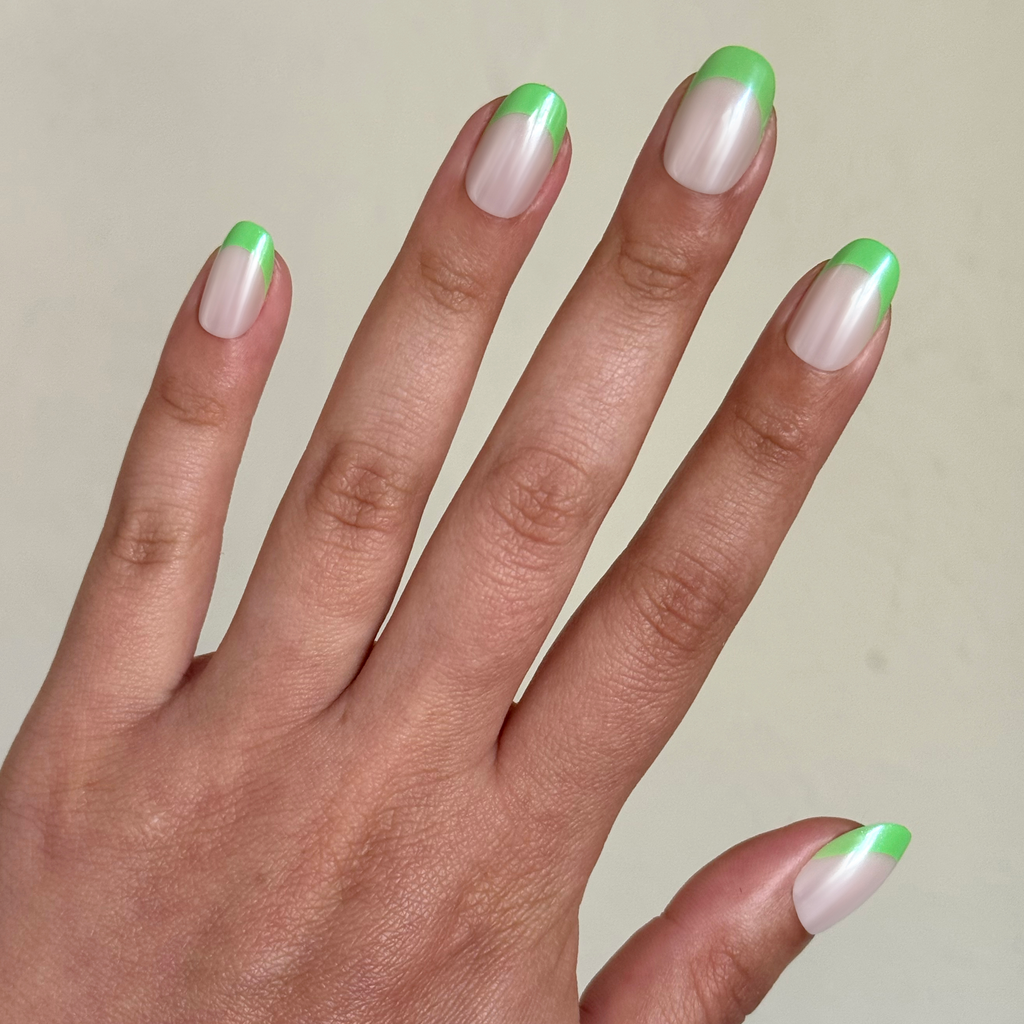 Lime Chrome French - Press-On | Short | Round with sheer base and neon lime chrome tips for easy at-home manicure