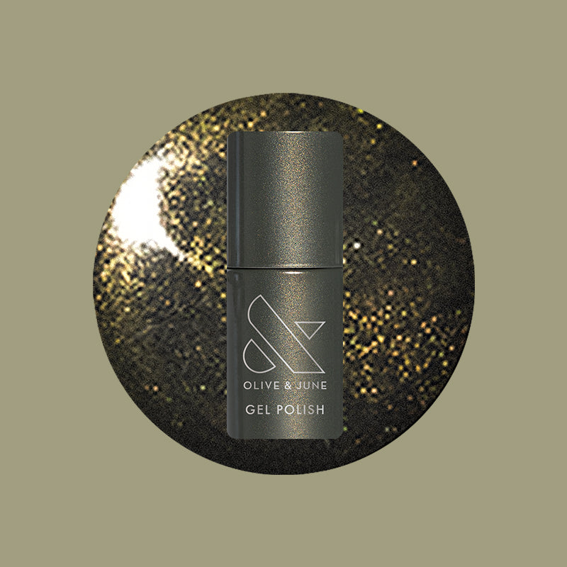 Martini Chrome Gel nail polish bottle with deep olive green and golden chrome shimmer for an elegant mani