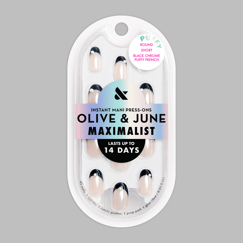 Black Chrome Puffy French  - Press On | Short | Round - Press-On