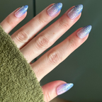 Hand with Major Glitter Gradient - Press On | Medium | Almond showing sparkly blue to pink gradient press-on mani in medium almond shape