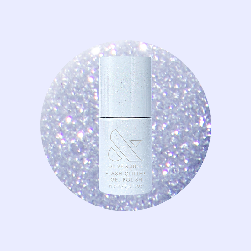 Mani on the Dance Floor Gel bottle showing silver flash glitter gel polish perfect for a sparkling manicure