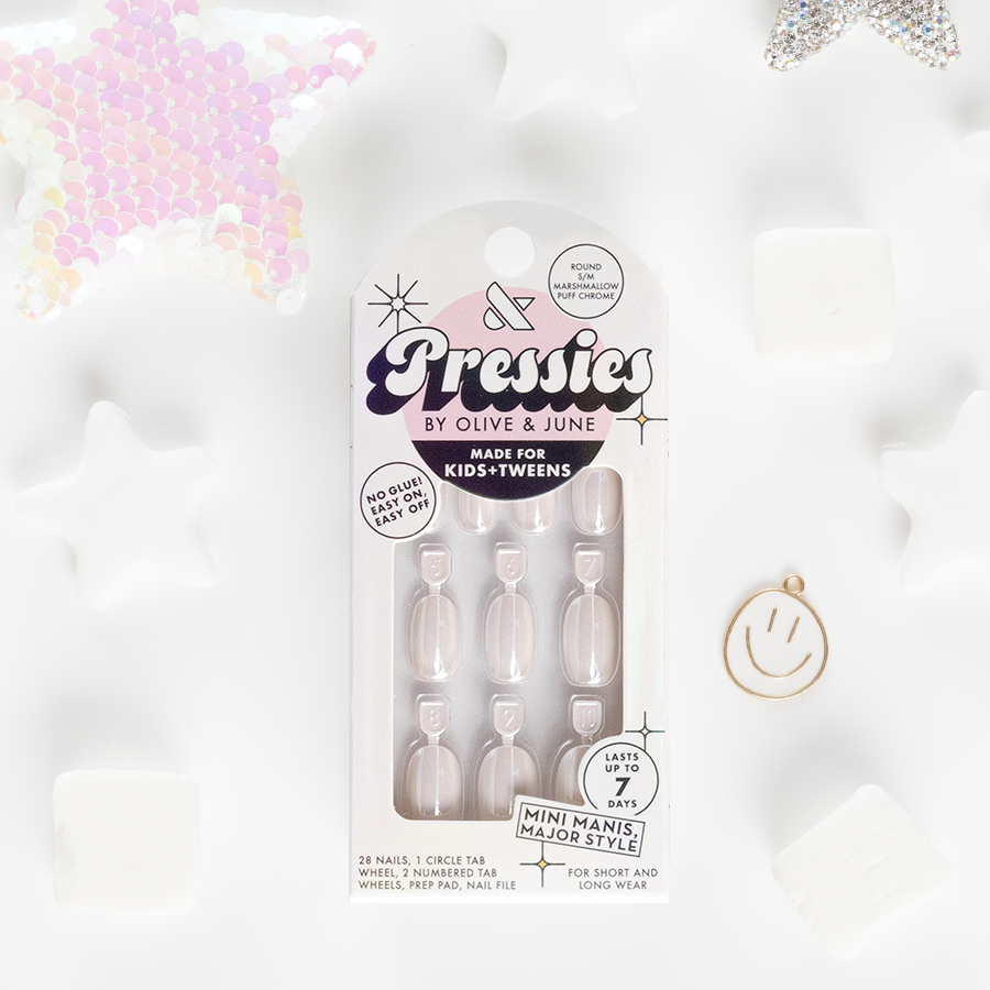 Marshmallow Puff Chrome - Pressies | Short Medium | Round showing white chrome effect press-on false nails for kids mani