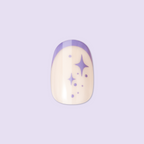 Mixed Purple Sparkle | Extra Short | Round - Tab Press-On nail with violet French tip and starry sparkle design on neutral base