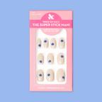 Mod Flowers | Short | Round - Tab Press-On nails in neutral polish with modern blue floral accents in pink packaging on blue background