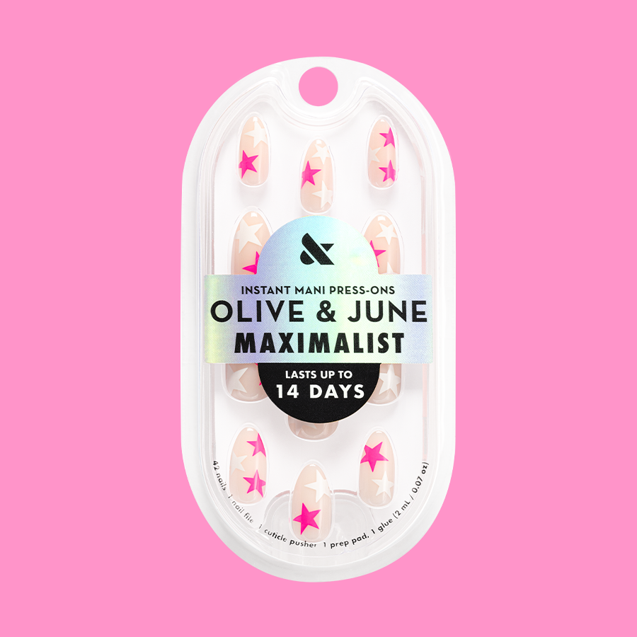 Neon Star Mixed Pack - Press-On | Medium | Almond featuring sheer nails with white and neon pink star accents for easy at-home manicure