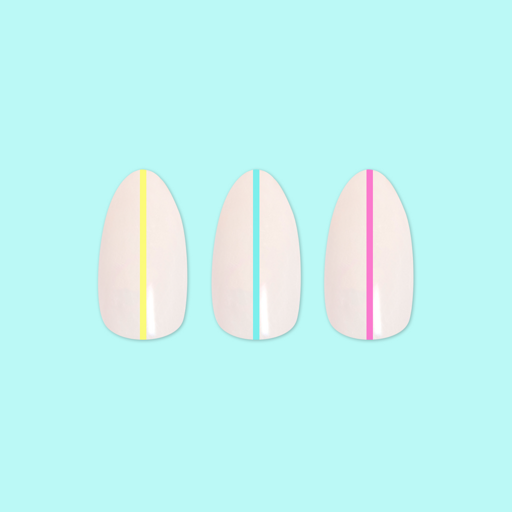 Neon Lines - Press-On | Medium | Almond showing three medium almond false nails with neon vertical lines on pale pink base on blue background