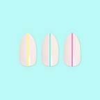 Neon Lines - Press-On | Medium | Almond showing three medium almond false nails with neon vertical lines on pale pink base on blue background