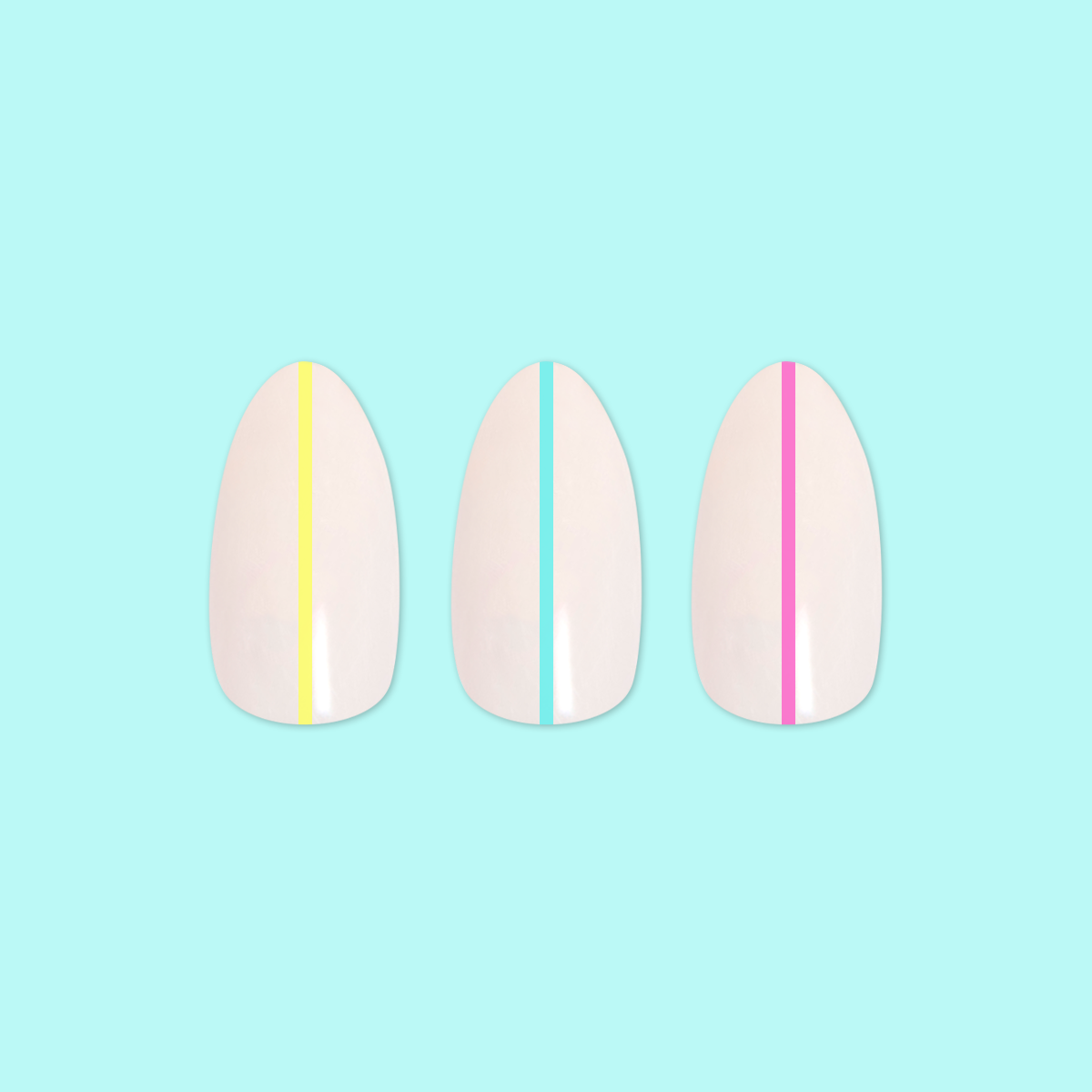 Neon Lines - Press-On | Medium | Almond showing three medium almond false nails with neon vertical lines on pale pink base on blue background