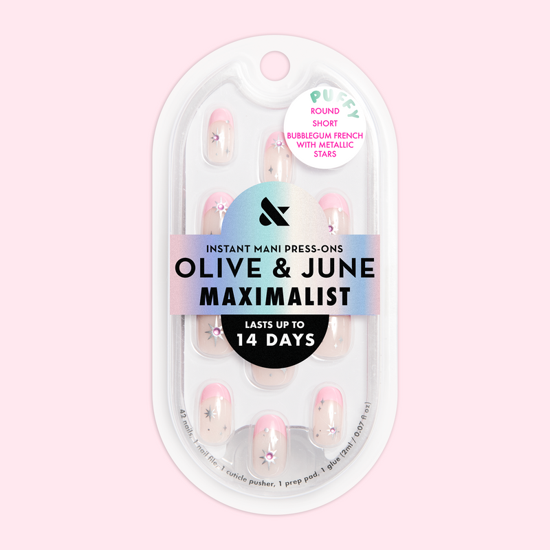 Bubblegum French with Metallic Stars  - Press On | Short | Round - Press-On