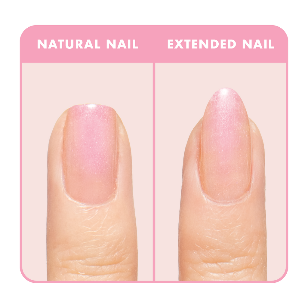 Champagne Chiffon - Builder Gel on natural and extended nails with a subtle sheer golden iridescent manicure on pale pink background