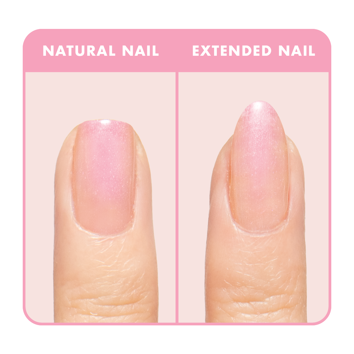 Champagne Chiffon - Builder Gel on natural and extended nails with a subtle sheer golden iridescent manicure on pale pink background