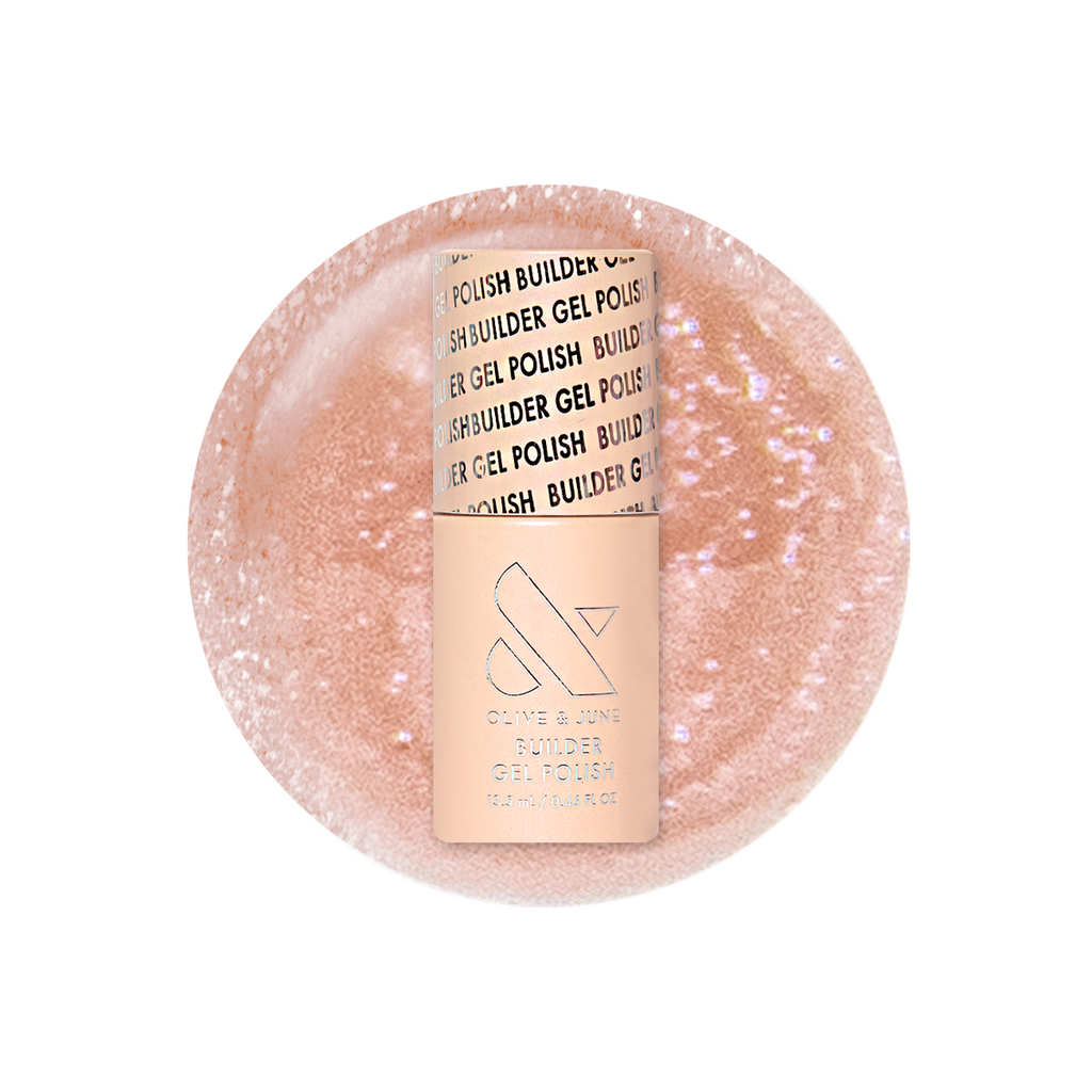 Champagne Chiffon - Builder Gel bottle on shimmer golden iridescent gel polish drop for manicure and nail care