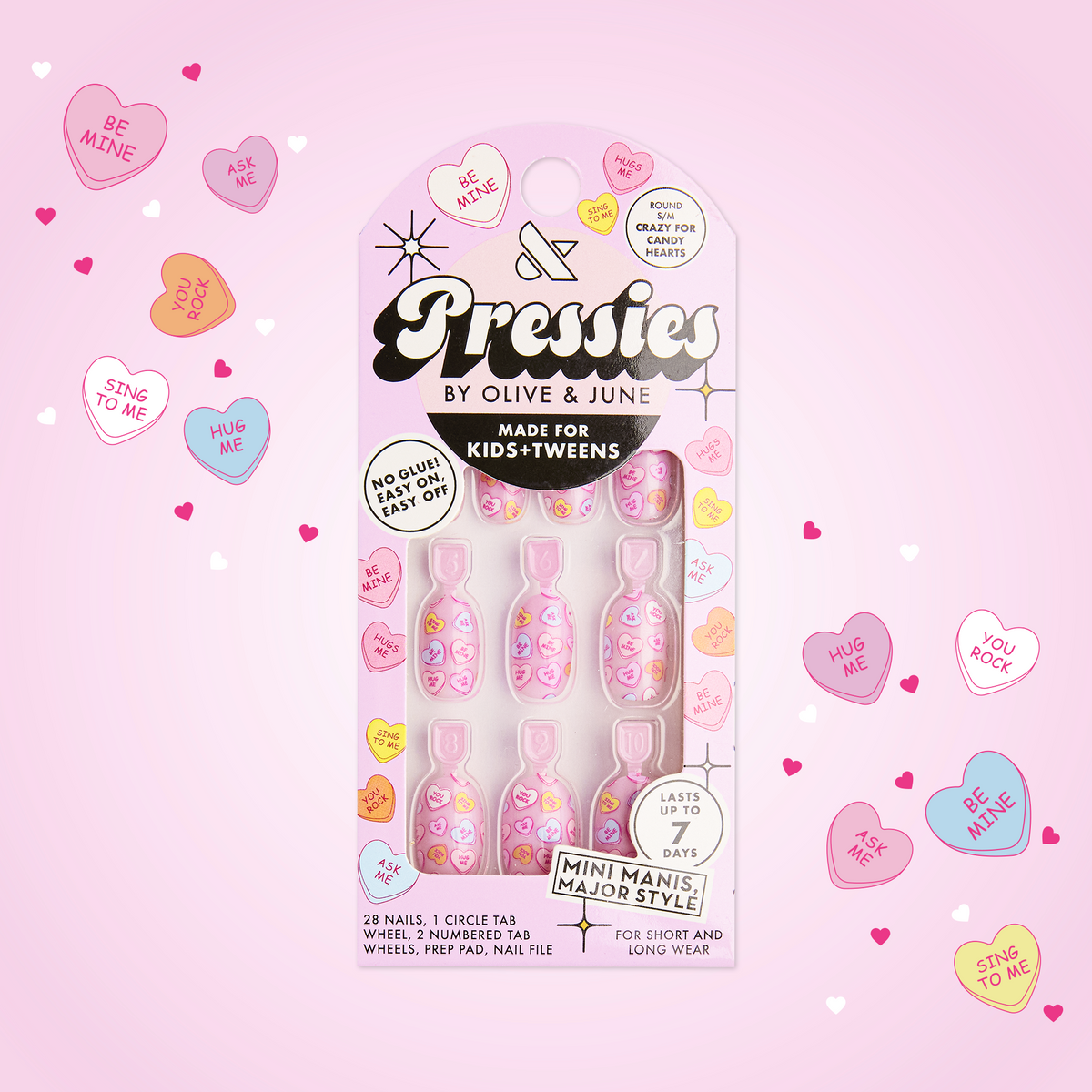 CRAZY FOR CANDY HEARTS - Pressies | Short Medium | Round with pastel candy heart designs for fun at-home manicures