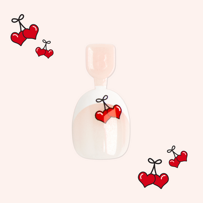 I HEART CHERRIES FRENCH - Pressies | Extra Short Short | Round with sheer base, white tips, and heart-shaped cherry designs for easy mani I HEART CHERRIES FRENCH - Pressies | Extra Short Short | Round  Pressies