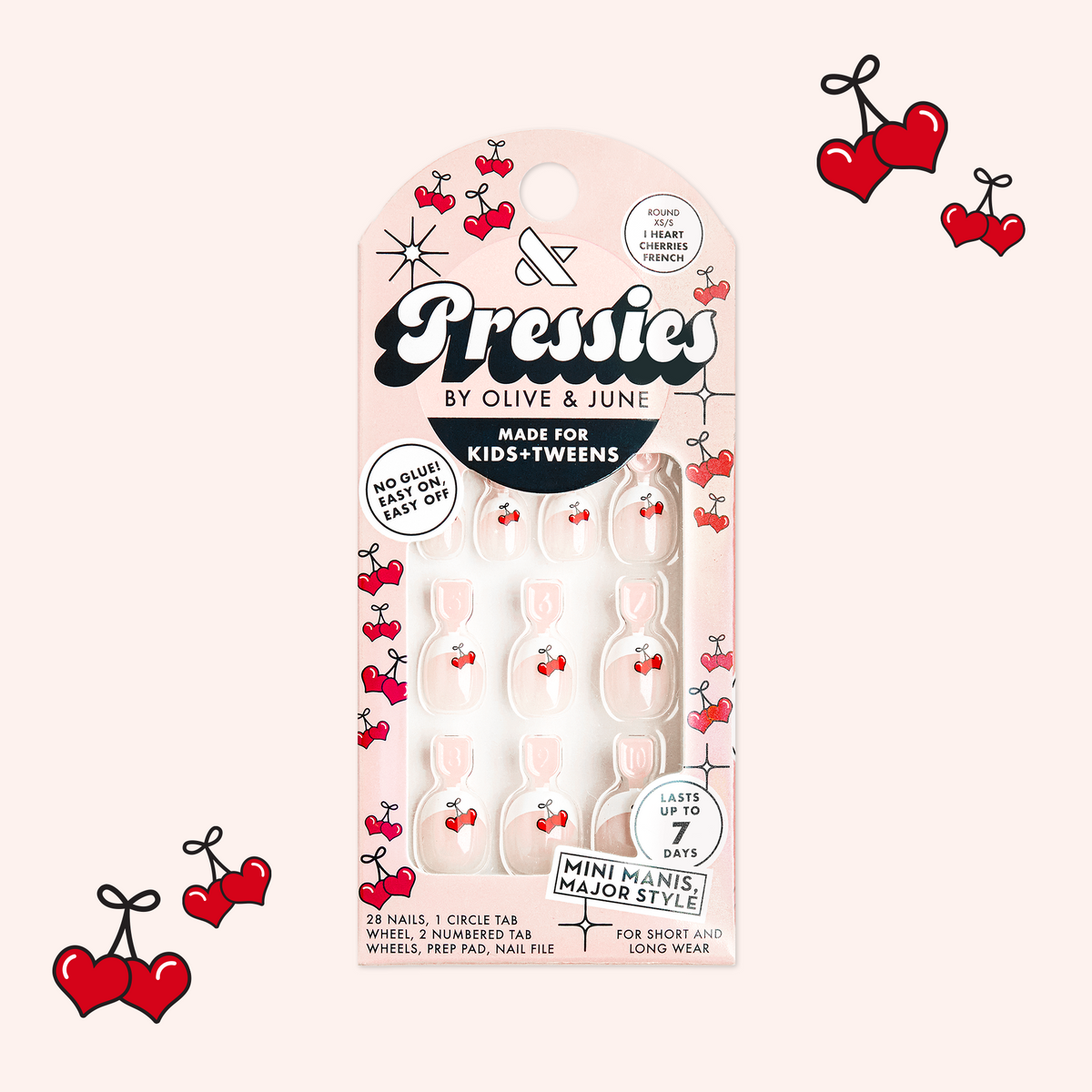 I HEART CHERRIES FRENCH - Pressies | Extra Short Short | Round with sheer base, white tips, and heart-shaped cherry designs for easy mani