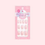 Pink Sands Chrome - Tab Press On | Short | Squoval false nails in cool pastel pink with chrome shimmer in retail packaging