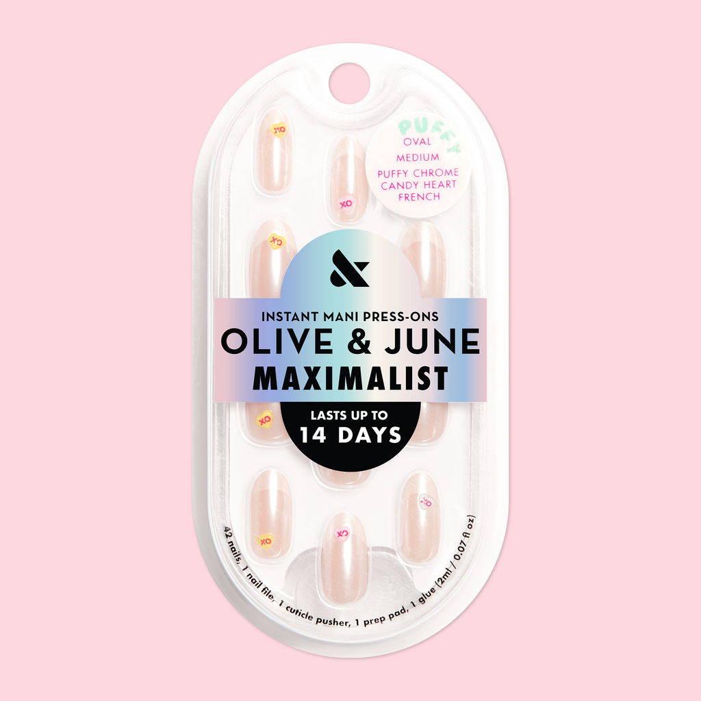 Puffy Chrome Candy Heart French - Press On | Medium | Oval false nails with 3D candy heart design in oval shape