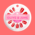 Red Illusion Velvet French - Press On | Medium | Almond false nails in cherry red velvet with subtle french tip effect in circular case